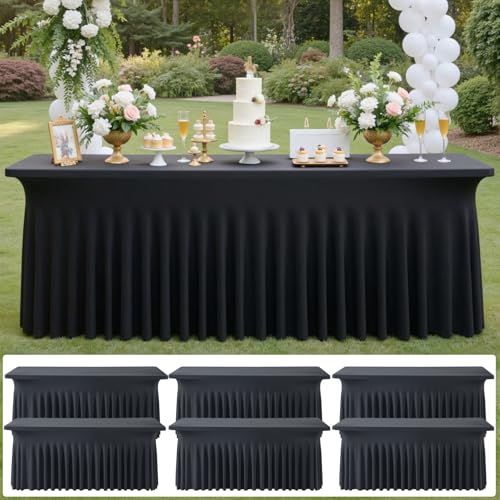 Image of 6 pk Black Spandex Tablecloth 6ft with Ruffled Skirt,Wrinkle Free High Stretch Fitted Tablecloths for 6 Foot Rectangle Tables,Pleated Elastic Spandex Table Covers 6ft for Parties Wedding Banquet