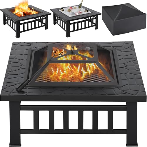 Yaheetech Outdoor Fire Pit, 81cm Large Square Firepit 3-in-1 Heat-Resistant Metal Garden Stove for Barbecue, Heating, Cooling Drinks with Cover & Poker, Black