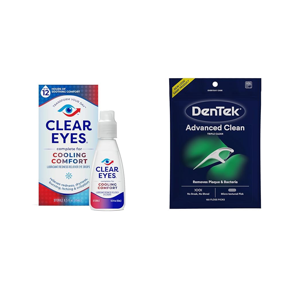 Clear Eyes 0.5 Fl Oz Cooling Eye Drops & DenTek 150 Count No Break Floss Picks Bundle