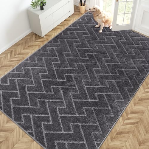 PURRUGS Easy Care Area Rug 6ft x 9ft, Non-Slip Machine Washable Entry Rug, Stain Resistant Accent Rug for Hallway, Bedroom, Living Room and Mudroom, Grey