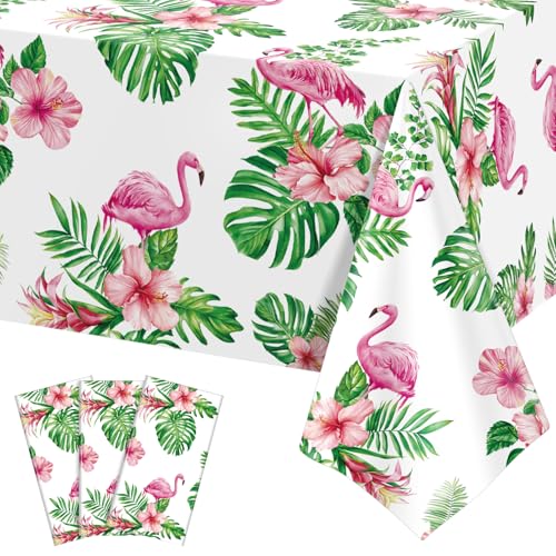 Image of NatNarr 3 Pack Hawaiian Luau Party Tablecloth, 54 x 108 Inch Disposable Tropical Palm Leaves Table Cloth Waterproof Rectangle Table Cover for Summer Beach Pool Cocktail Party Decorations
