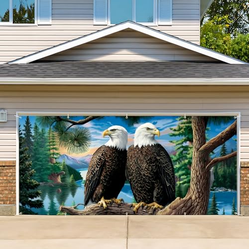 Image of 16x7ft Majestic Eagles Perched Garage Door Banner- Bald Eagles on Tree Branch Backdrop, Large Hanging 2 cars Garage Decorations - for Veterans Day Patriotic Outdoor Background Sign, Rustic Wall House Decor