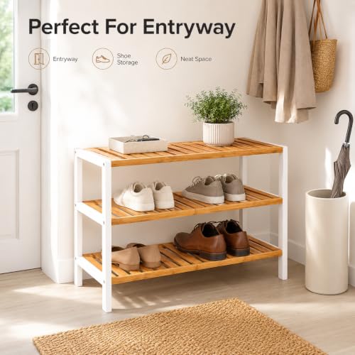Image of 1ABOVE Bamboo Shoe Rack, Plant Rack, Perfect for Corridor, Living Room, Bathroom, Bedroom,Hallway or small spaces (Natural & White)