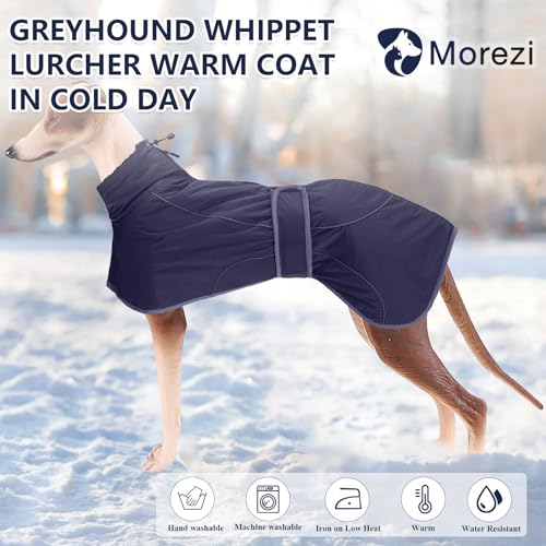 MOREZI Windhund-Wintermantel, Whippet-Mantel mit gepolstertem Fleece-Futter, Wasserabweisende Hundejacke mit verstellbaren Bändern und reflektierenden Elementen-Navy-M