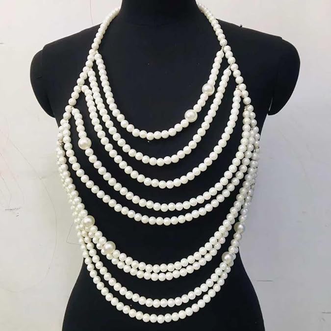 Pearl Body Chain Shoulder Necklace Pearl Top Bikini Pearls Shoulder Chains Bra Chain Jewelry for Women Rave Nightclub Party Body Accessories Sexy Bra Chain (9 line) - Image 3