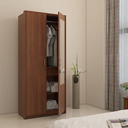 Image of Spacewood Value Wardrobe | 3 Year Warranty | Almirah, Cupboard, Almari, 2 Door Wardrobe with Mirror, 1 Drawer (1 Lock Drawer) and 1 Hanging Space|Engineered Wood| Walnut Rigato
