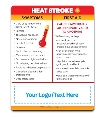Safety Magnets by ZOCO – 100-Pack Heat Stroke Signs & First Aid Custom Fridge Magnets – Personalized Promotional Product for Healthcare & Businesses – 4' x 5'