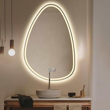 50X70CM|60X80CM|70x90CM Anti-Fog Bathroom Mirror with LED Lights, Irregular Teardrop Wall Mirror, Frontlit + Backlit Lighted Mirror, 3 Colors Temperature, Dimmable, Smart Touch60X80CM