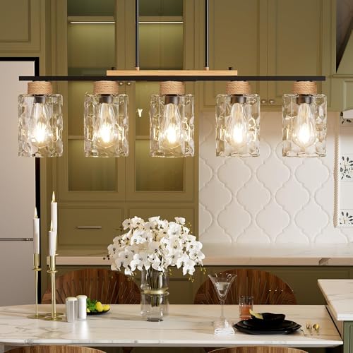 Island Light, Up-Grade Thickened Clear Glass 5-Light Dining Room Light Fixture with Adjustable Height, Farmhouse Linear Chandelier Over Table Kitchen Black Rustic Wood Ceiling Pendant Light Fixtures by Tadpole Jump - Used condition - Image 6