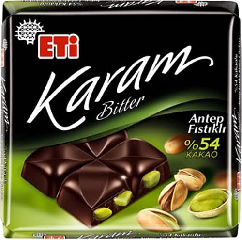ETI Karam Adicto Dark Bitter%54 Cocoa Turkish Chocolate with Turkish Pistachio Halal- 70 gr (Pack of 6)