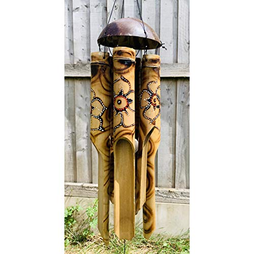 My Family House Flower Bamboo Wind Chime - Red and White - Bamboo & Coconut - Hand Carved Hanging Accessory - 50 cm