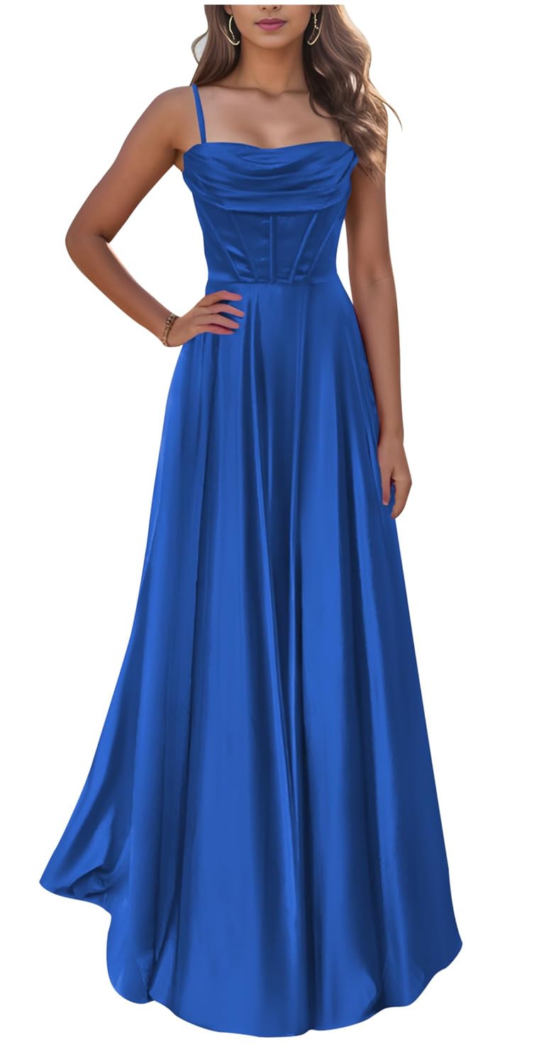 KIYNE Satin Bridesmaid Dresses for Women Sleeveless Cowl Neck Spaghetti Strap Royal Blue Prom Ball Gown UK8
