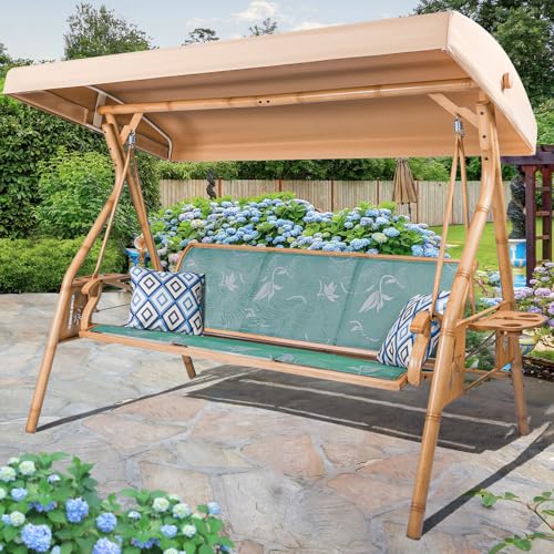 ZZW 3 Person Patio Swing Outdoor Swing for Adults with Adjustable Canopy &Upgraded Cup Holders Textilene Fabric Porch Swing Chair with Stand Heavy Duty 800 LBS