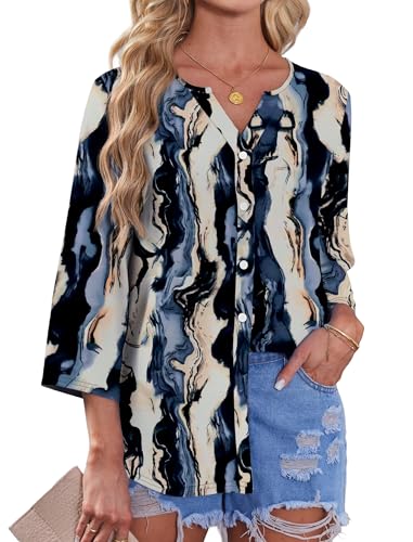 Image of OFEEFAN Button Down Shirts for Women 3 /4 Length Sleeve Tops V Neck Blouses Business Casual Outfits Loose Fit