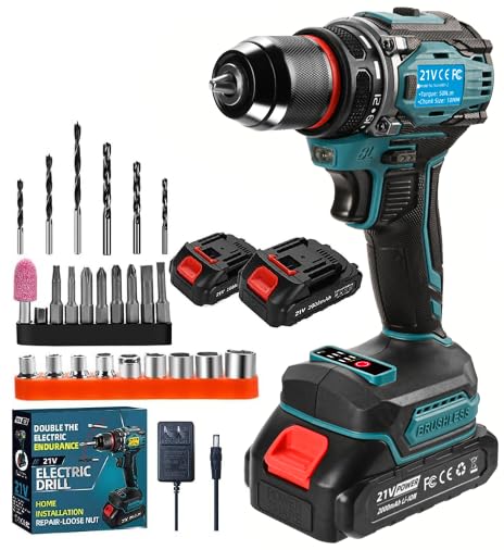 21V Cordless Power Drill/Driver Set, Electric Power Drill Set with 2 Battery & Charger, 3/8” Keyless Chuck, 2 Variable Speed, 28-Piece Kit Power Drill