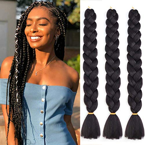 Jumbo Braiding Hair Extensions 3 Packs 165G High Temperature Synthetic Fiber Single Color Jumbo Braids ( Black )
