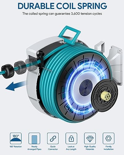 Image of ENEACRO Retractable Garden Hose Reel with Wall Mount 1 /2 inchx100ft with 10 Pattern Hose Nozzle, Brass Connector, Auto Rewind /Any Length Lock / 180 Swivel Bracket, Ideal for Garden Watering