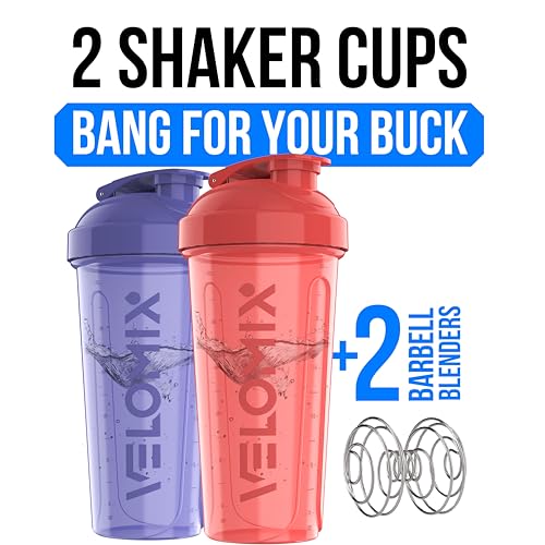 Image of VELOMIX -2 Pack- 28 oz Protein Shaker Bottles for Protein Mixes - 2x Wire Whisk | Leak Proof Shaker Cups for Protein Shakes and Pre Workout | Protein Shaker Bottle Pack (Pink /Purple)