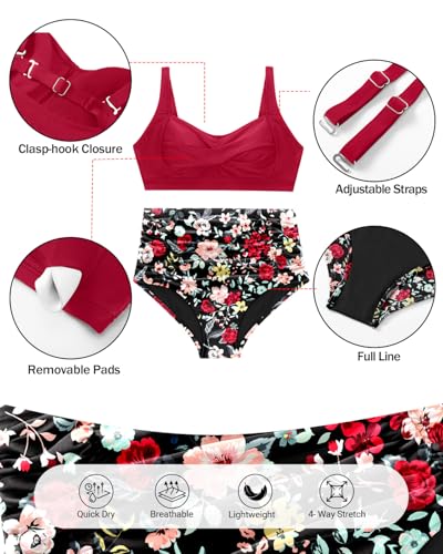 Image of Daci Women Plus Size High Waisted Two Piece Swimsuit Tummy Control Bikini | Twist Front,Ruched Tummy Control,High Waist,V Neck,Full Coverage,Retro,Removable Pads,Adjustable Straps