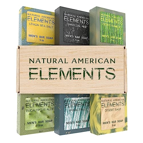 NATURAL AMERICAN Mens Bar Soap – Masculine Scents, 100% All Natural Soap for Men - Essential Oils, Organic Shea Butter - Mens Soap (6pk), Man Soap Made in USA, 5 oz Mens Soap Bar - ELEMENTS Body Soap