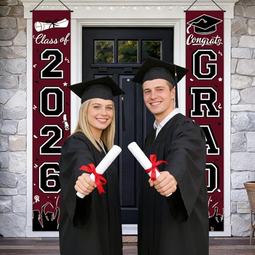 Image of Graduation Decorations 2026 Porch Banner, Graduation Banner Class of 2026, Maroon Congrats Grad Decorations for Door and Porch Party Supplies