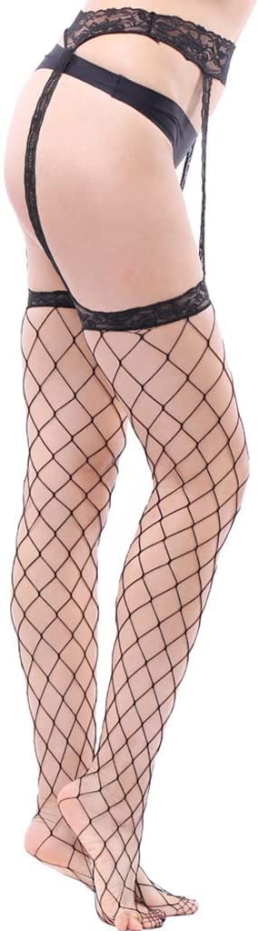 Bas résille Noirs pour Femmes, Bas Longs en Dentelle Non élastiques, Bas résille Porte-Jarretelles Tentation, 2 Paires (Taille Unique Petit Trou) (Taille Unique Grand Trou)