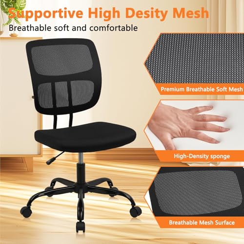 Image of CLATINA Armless Home Office Chair, Small Ergonomic Mesh Back Desk Chair with Lumbar Support and Wheels, Adjustable Height 360 Swivel Rolling Computer Task Chair for Conference Waiting, Black
