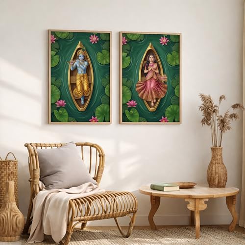 Image of Suneree Radha Krishna 3D Lotus Pond Wall Art Painting | Set of 2 Framed Paintings | Spiritual Indian Decor for Living Room Bedroom Pooja Room | (ART 9, 13x19 INCHES)