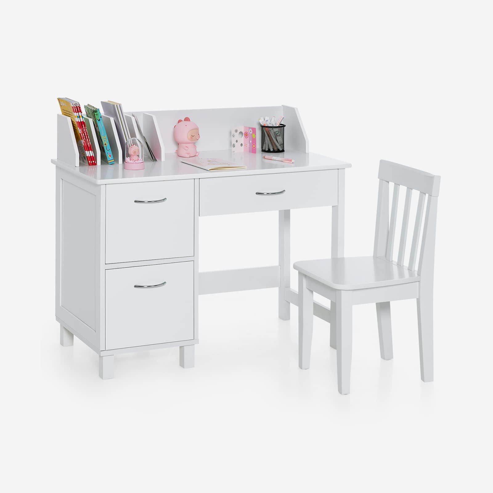 DREAMADE Kinderschreibtisch mit Stuhl, Schülerschreibtisch aus Holz, Jugendschreibtisch, Kinder Schreibtisch für Kinder mit Bücherregal & Schublade & 2 Ablage (Weiß)