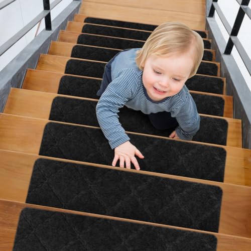 Wapasezyar 15 Stück Treppenstufen Matten, 55cm x 19cm Anti-Rutsch Stufenmatten, Treppenteppich Selbstklebend für Holzstufen, Treppenstufen Teppich für Kinder Ältere und Hunde (Schwarz)