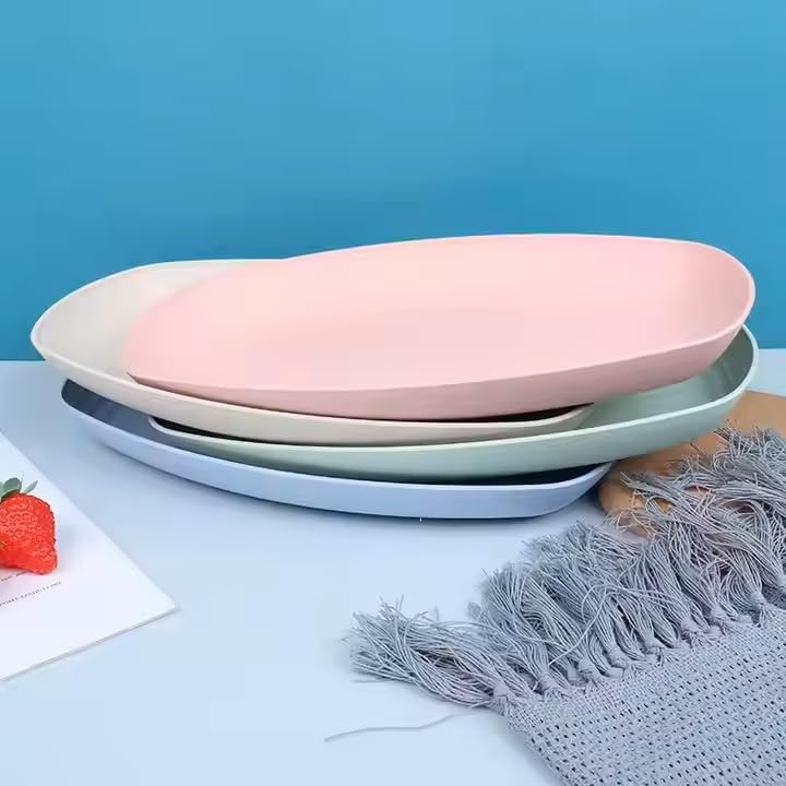 Image of Eco- Friendly Reusable Lightweight Microwave Safe Unbreakable Wheat Straw Oval Shape Plate Set,Vegetable Plate,Serving Snack Dish Set Used in Restaurant,Home,Picnic Camping (Pack of 4)