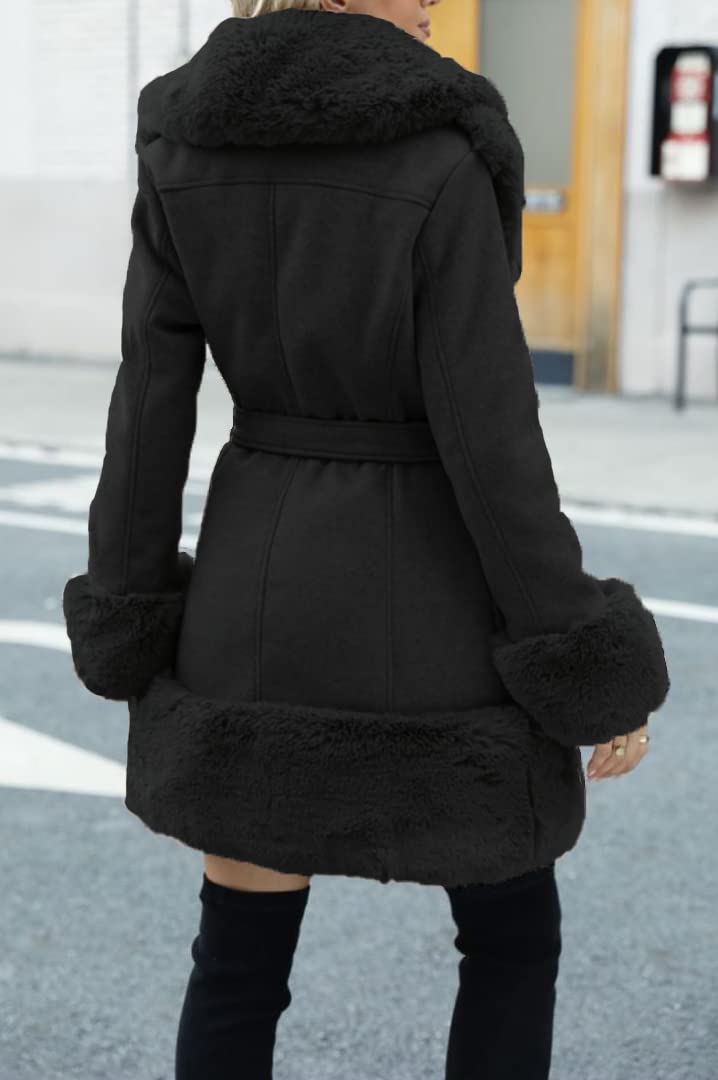 Giolshon Damen Langer Trenchcoat mit Gürtel Verdickter Fleece Parka Kunstleder und Wollimitat-Mischung