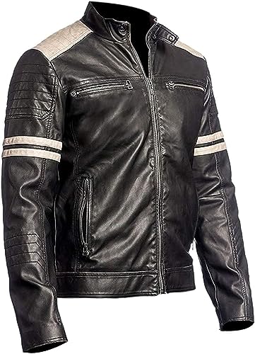 HIDE & SEEK Men’s Retro Distressed Vintage Cafe Racer Motorcycle Biker Style with Stripes Genuine Leather Jacket2