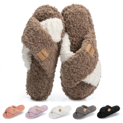 Image of GOEWY Fuzzy Open Toe Slippers for Women Cozy Memory Foam House Shoes Indoor | Cute Cross Band,Soft Faux Fur,Anti-slip Sole Outdoor,Machine-washable,Lightweight,Slip on Gifts for Women,Mom and Bridesmaid