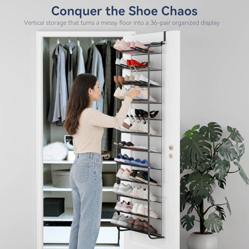 Image of Whitmor 36 Pair Over The Door Shoe Organizer, 12 Tier Hanging Shoe Organizer, Heavy Duty Metal & Mesh Shoe Holder, Hanging Shoe Rack for Closet Organizer, 74 inch L x 21.7 inch W x 7.5 inch H, Matt Gunmetal