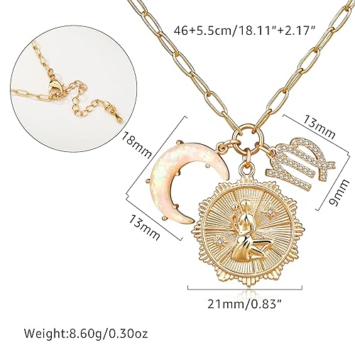 MISS RIGHT Gold Zodiac Sign Coin Necklace with Opal Crescent Moon Charm for Women Trendy, Dainty Gold Paperclip Chain 12 Constellation Horoscope Necklaces Astrology Jewelry Gifts3