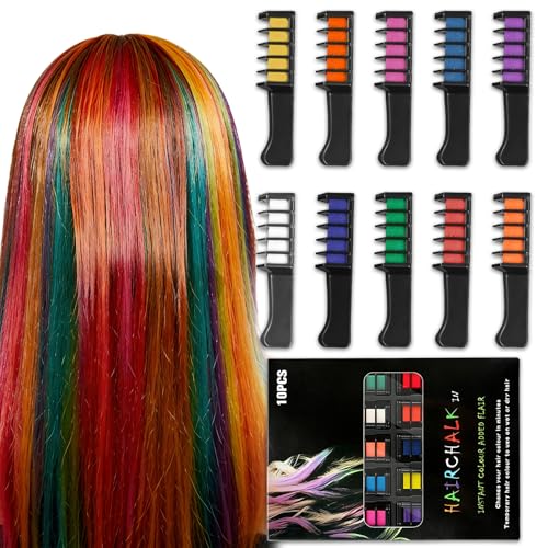 wilcractk Juego de 10 colores de tiza para el pelo, color temporal de pelo colorido con peine aplicador para niños y niñas para fiesta