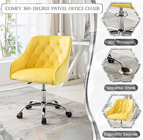 Baysitone Velvet Home Office Desk Chair, Modern Swivel Task Armchair With Adjustable Height, Upholstered Tufted Accent Computer Chair For Home And Office Working Or Studying, Yellow #TOP3