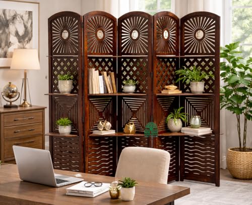 Image of Wooden Room Divider 6 Feet, 5-Panel Folding Wooden Partition for Living Room, Office, Pooja Room, Restaurant, Kitchen & Balcony
