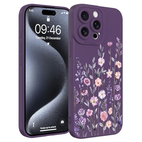 Image of Designed for iPhone 15 Pro Case, Cute Flower Floral Pattern Liquid Silicone Phone Case, Slim Soft TPU Protective Cover for Women Girls, Dark Purple
