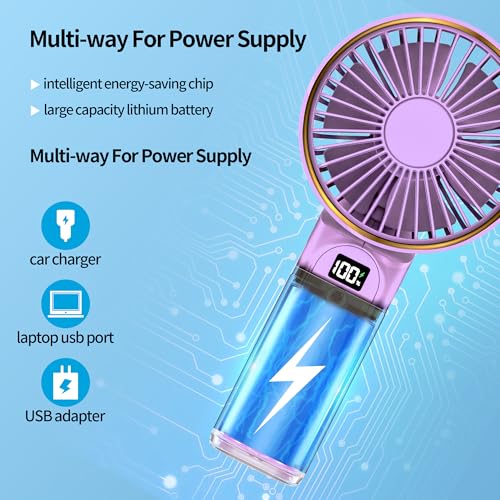 Portable Hand Fan, Mini Rechargeable Small Fan, 4000mAh Long-Lasting Battery Fan, 180° Foldable Table Fan, 6-Speed Quiet Fan with LCD Display, Lanyard Neck Fan for Travel, Makeup, Office (Lightpurple) 5