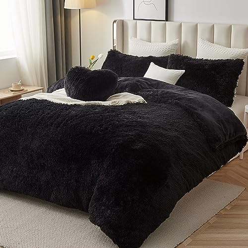 Vamcheer Plush Duvet Cover Set Queen Size - Ultra Soft Shaggy Comforter Cover + 2 Pillowcases + 1 Cute Heart Pillow, Fluffy Comforter Cover Set, Zipper Closure & 8 Corner Ties, Black