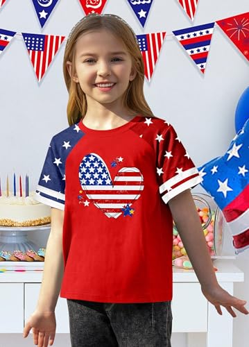 Image of CAZYCHILD Girls 4th of July USA Shirt American Flag Patriotic T-Shirt Independence Day Outfit for Kids 5-14Years