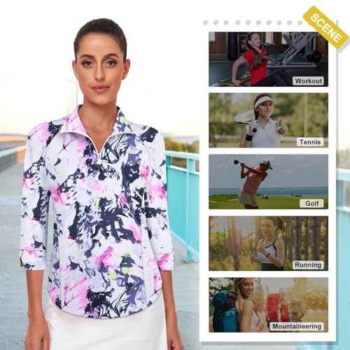 Image of Cucuchy Style Womens Golf Shirt 3 /4 Sleeve Quarter Zip Workout Tennis Tops Quick Dry UPF 50+ Shirts