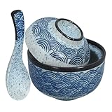 DOITOOL Cuencos de Japonesa con Tapa Diseño Ondulado Bol para Sopa Miso Ramen Arroz y Huevo al Vapor Apto para Cocina con Tapa Hermética y Suaves