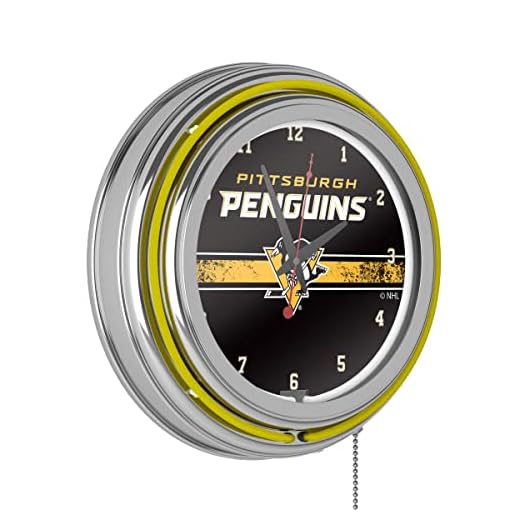 Trademark Global Neon Clock - Retro Pittsburgh Penguins Logo Analog Wall Clock with Pull Chain - for Kitchen, Garage, Game Room, or Home Bar