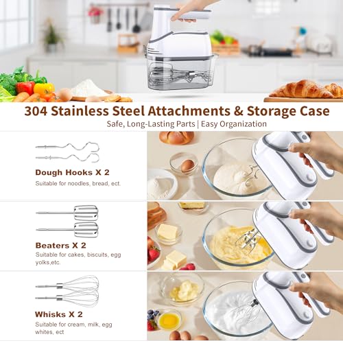 Image of binROC Cordless Electric Hand Mixer, 12-Speed Rechargeable Handheld Mixer with Eject Button, 6 Stainless Steel Attachments, Snap-On Storage Case, LED, Self-Stand for Baking, Cake, Dough, Egg (White)