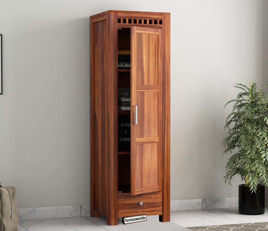 Image of Sheesham Wood Wardrobe with 1 Drawer and 4 Shelves Storage for Bedroom Wooden Almirah for Clothes for Living Room Bedroom Home, Solid Wood Furniture (Honey)
