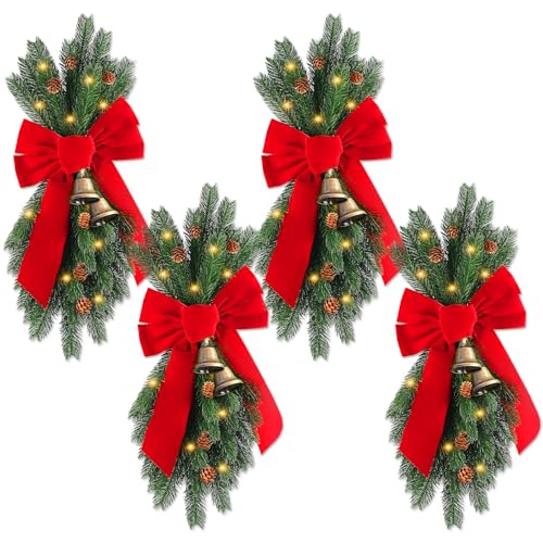 Christmas Swags for Stair Decorations, 4 Pack Cordless Prelit Christmas Pine Teardrop Swag with Red Bow and Cone Bell Greenery Staircase Garland Wreath for Front Door Stairway Wall Home Decor