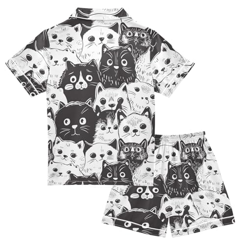 ALAZA Black White Cat Animal Kitten Satin Pajamas Set Short Sleeve Button Down Sleepwear Summer Pjs 2 Piece2